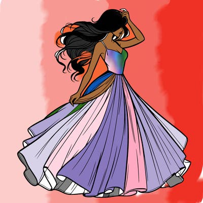 realistic woman with dress flowing in the wind