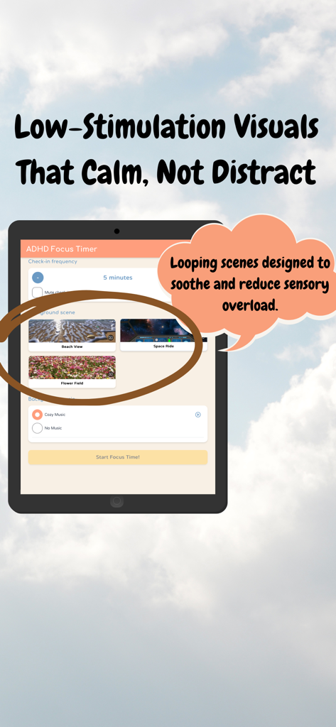 ADHD Focus Timer - ADHD Focus Timer app showing calming low-stimulation background scene options for children