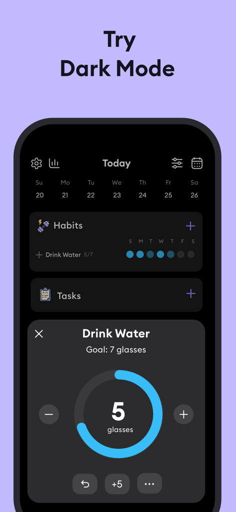 ADHD Planner Organizer Planwoo - Interfaccia mobile dell'app Pianificatore ADHD Planwoo in modalità scura che mostra un tracker di idratazione e una lista di attività giornaliere.