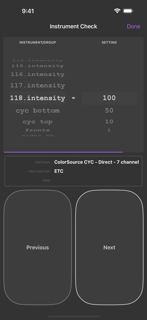 Instrument check screen in QLab Remote showing lighting intensity levels and ETC hardware settings