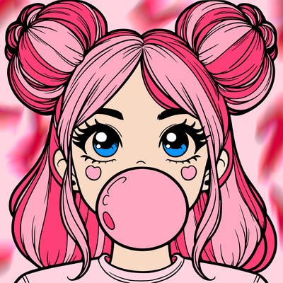 girl with space buns blowing bubblegum