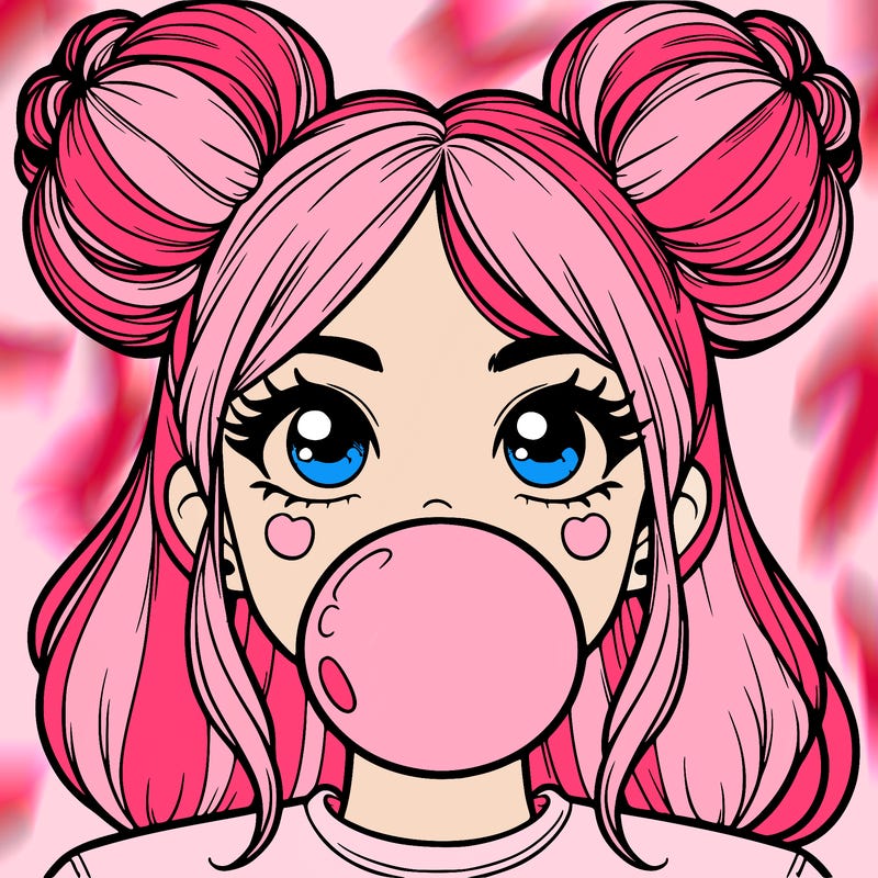 girl with space buns blowing bubblegum