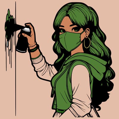 realistic girl with mask spray painting a wall