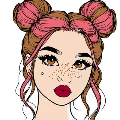 realistic girl with two buns on her hair and lips