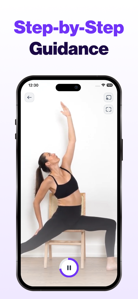 Chair Exercises for Seniors - A woman performing a seated yoga stretch on a chair as part of a step by step guidance program in the app