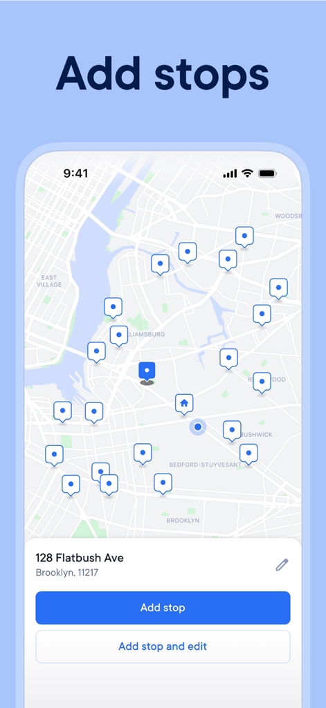 Spoke (Circuit) Route Planner - Interfaz de smartphone que muestra un mapa de Brooklyn con múltiples marcadores de entrega y opciones para agregar y editar paradas en la aplicación Spoke Route Planner.