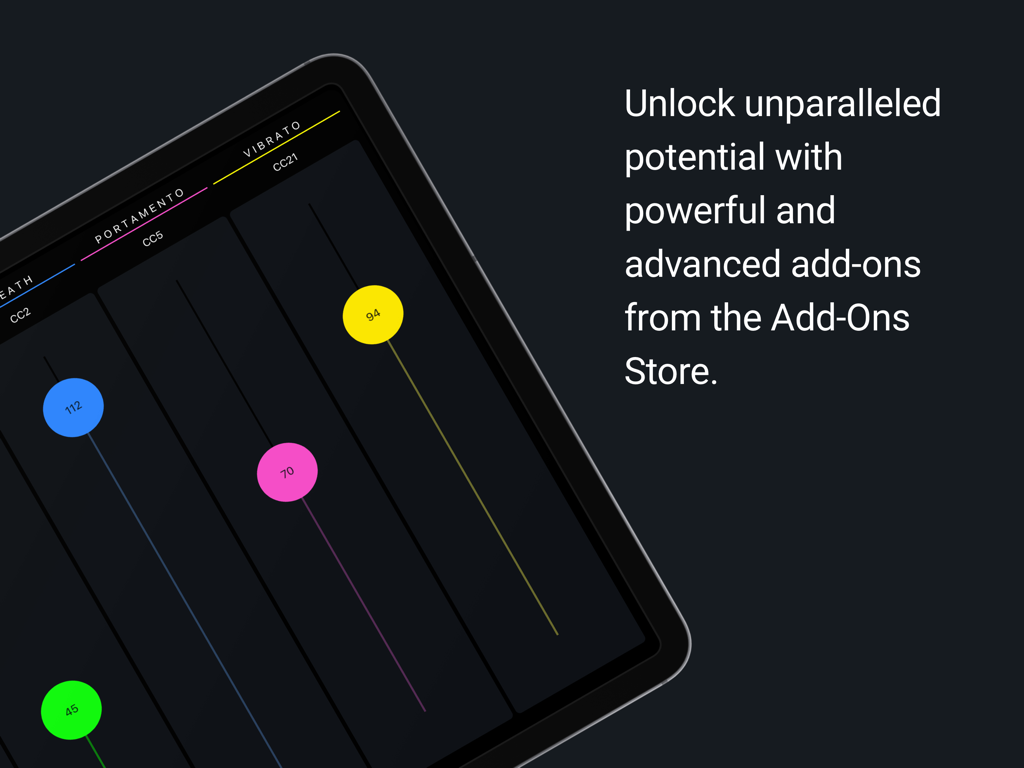 MetaGrid Pro - iPad screen displaying colorful MIDI faders for vibrato and portamento control in MetaGrid Pro