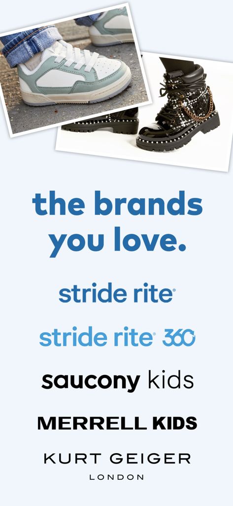 Stride Rite: Kids Shoes - Stride Rite app screen displaying various kids shoe brands like Saucony and Merrell