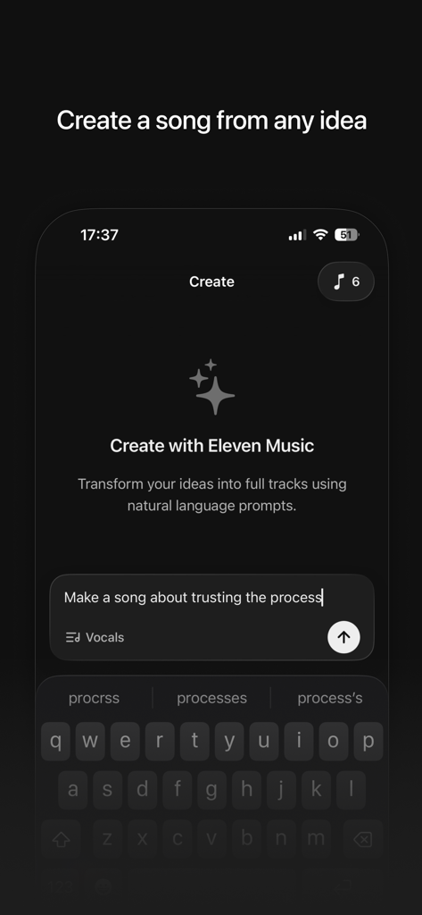 ElevenMusic by ElevenLabs - Mobile interface of ElevenMusic app showing AI song generation from a text prompt
