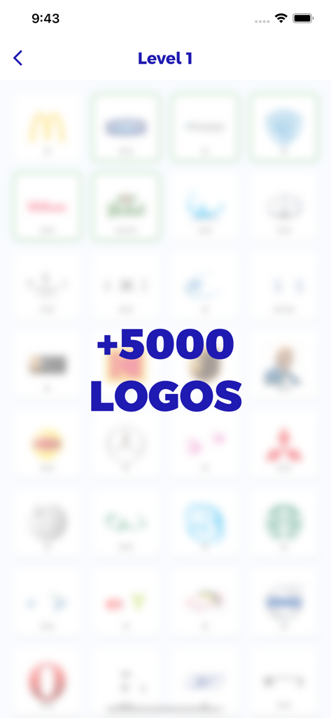 Captura de pantalla del juego Logo Quiz que muestra el nivel 1 con una cuadrícula de logotipos de marcas y texto que indica más de 5000 logotipos disponibles.