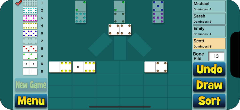 Chickenfoot Dominoes - Jugabilidad de la aplicación móvil Chickenfoot Dominoes con un partido en curso con pips grandes de colores y oponentes de computadora.
