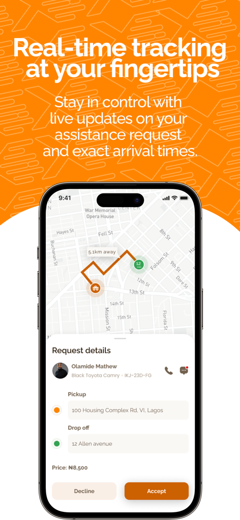 Interfaz de la aplicación ResQ-X que muestra seguimiento GPS en vivo para asistencia vial en Nigeria