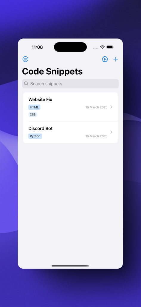 Snipits Manager - Oberfläche der Snipits Manager App, die eine durchsuchbare Liste von Code-Snippets mit Tags anzeigt