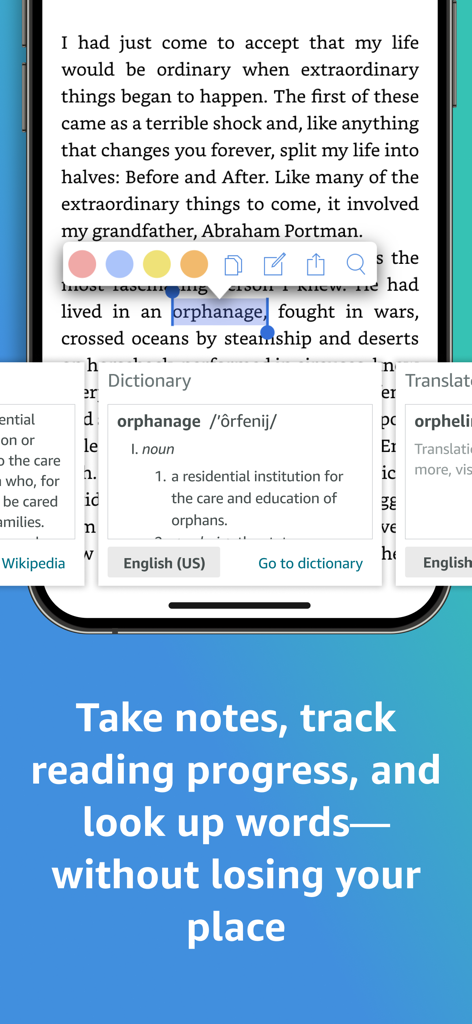 Amazon Kindle app showing the dictionary lookup and highlighting feature while reading a book
