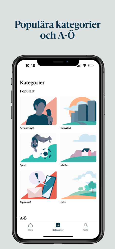 Hallandsposten - Pantalla de selección de categorías de noticias de la aplicación Hallandsposten que muestra regiones locales como Halmstad y Laholm