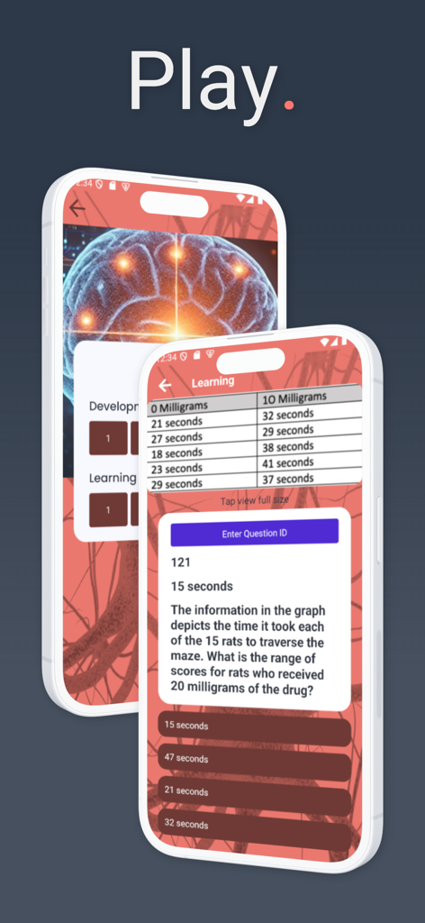 iScore5 AP Psychology - Due schermi di telefoni cellulari che mostrano l'interfaccia dell'app iScore5 AP Psychology con una domanda di analisi dati e la selezione del livello dell'unità.