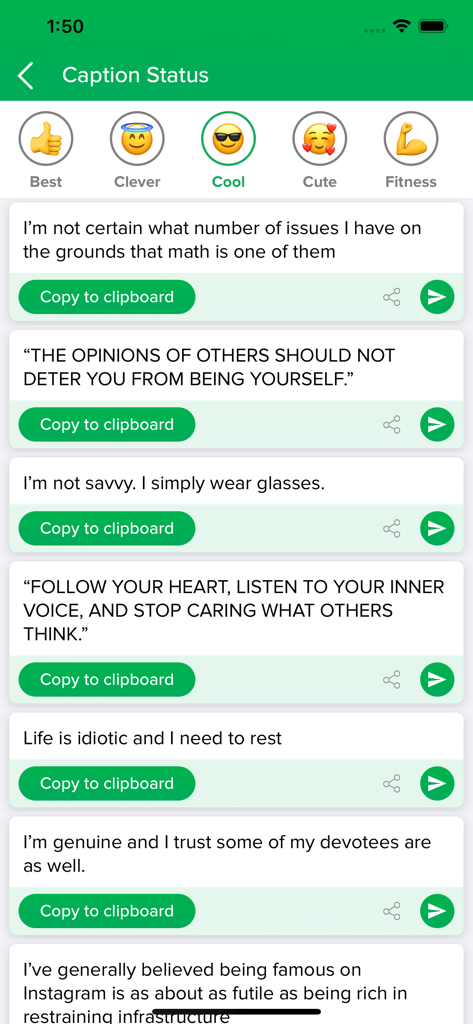 Complement For WhatsApp Chats - Interface of the Caption Status feature displaying a library of quotes and captions with copy to clipboard buttons