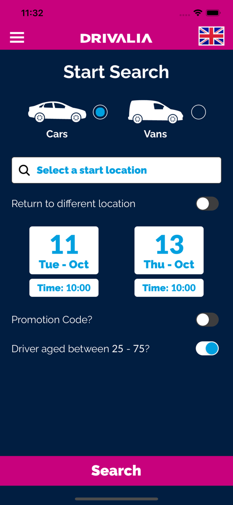 Drivalia UK 모바일 앱의 자동차 및 밴 렌탈 검색 화면