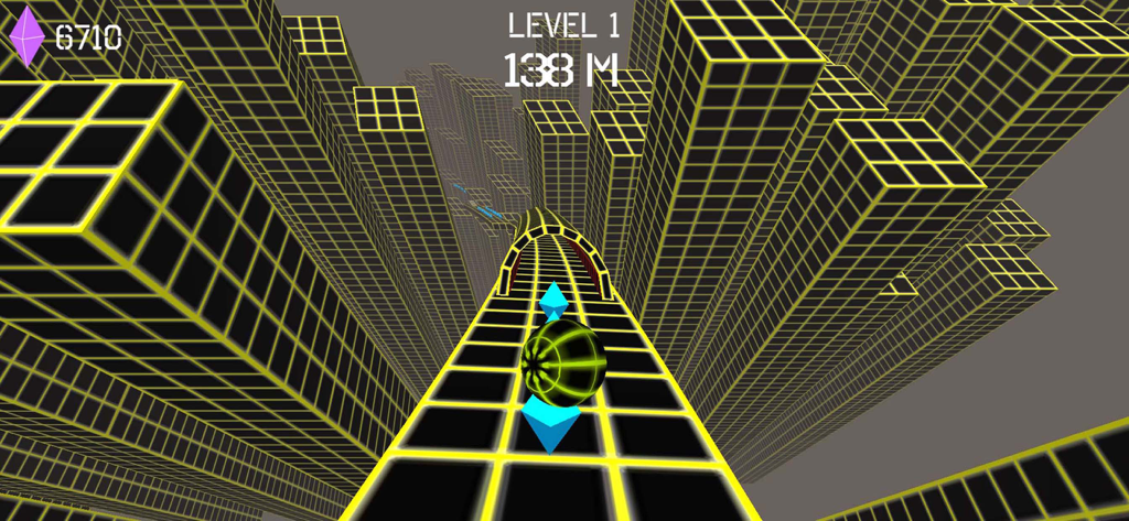 Una bola 3D corriendo por una pendiente de neón en un entorno de ciudad de cuadrícula