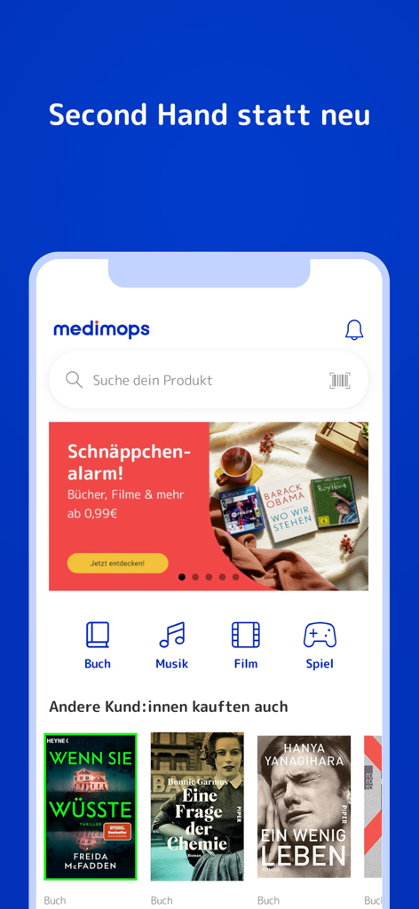 medimops mobile app interface showing categories for books music films and games with promotional banners