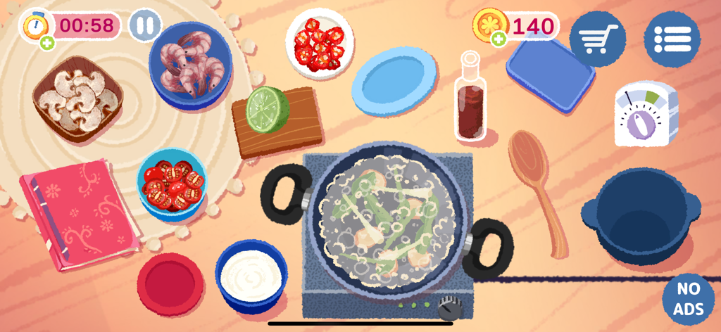 Top down view of a cozy digital kitchen featuring various fresh ingredients and a boiling pot on a stove