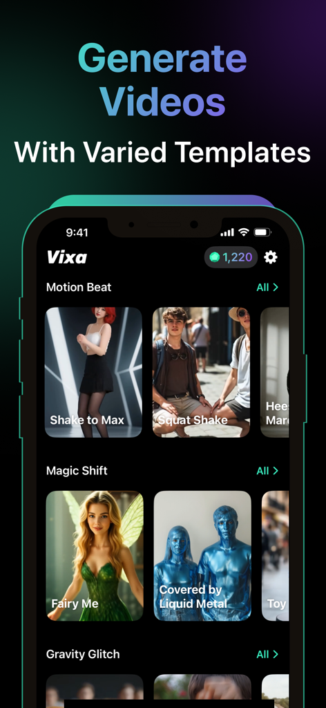 Vixa – AI Video Generator - Mobile app interface of Vixa AI Video Generator showing various video templates like Motion Beat and Magic Shift.