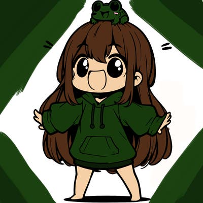 a excited chibi girl whith long hair and a baggy shirt whith a frog on there head