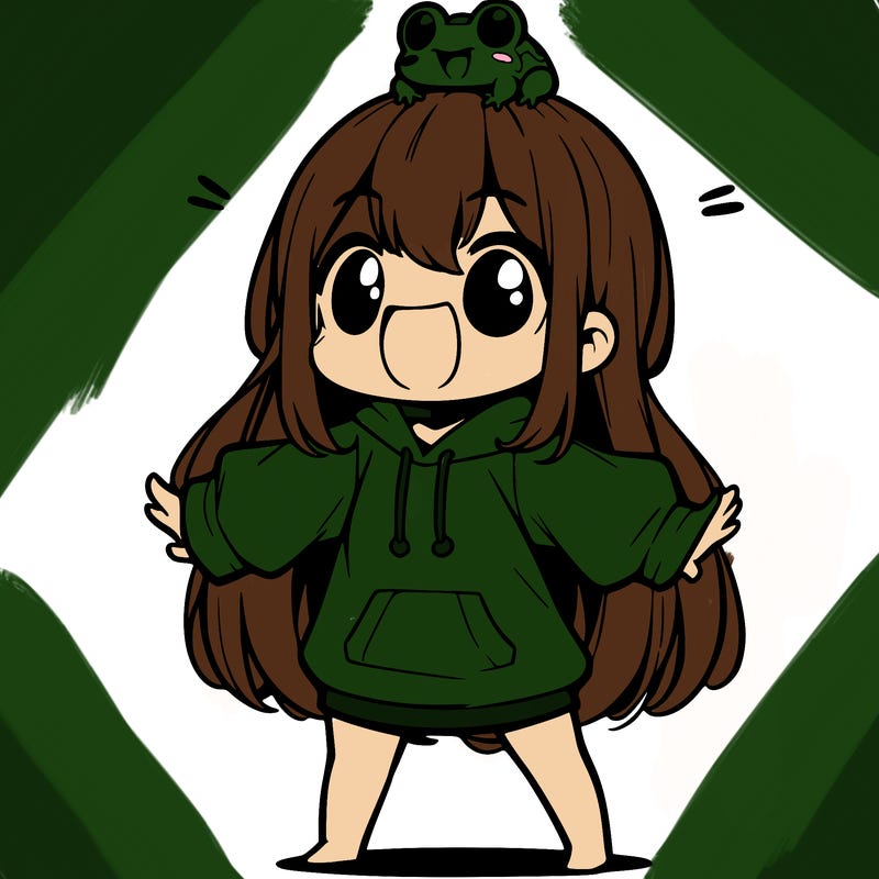 a excited chibi girl whith long hair and a baggy shirt whith a frog on there head