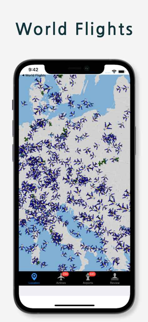 Real time flight tracking map showing live airplane positions over Europe