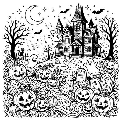 Dive into the spirit of Halloween with this delightfully eerie coloring page, showcasing a grand haunted mansion, grinning jack-o'-lanterns, and playful ghosts. It's the perfect way to conjure up some festive fun with your crayons and markers.
