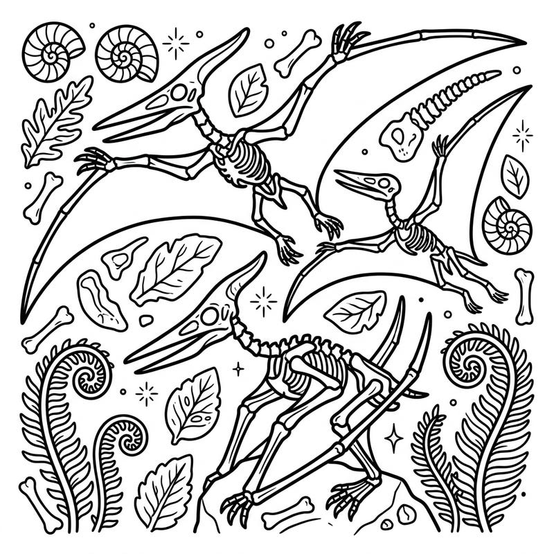Dive into a thrilling prehistoric world with this Pterodactyl Skeletons coloring page, designed especially for kids. Young artists will love bringing these flying dinosaur fossils and ancient plant life back to vibrant life.