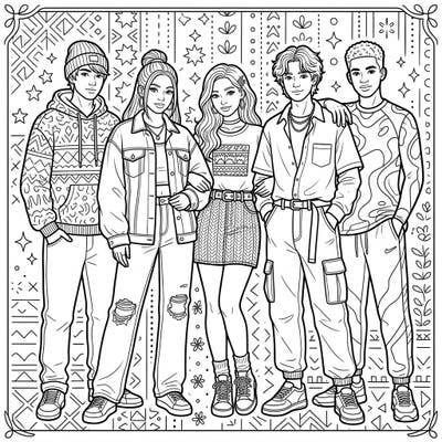 Step into the world of fashion and friendship with this exciting coloring page featuring a group of stylish teenage models. Unleash your creativity by bringing their trendy outfits and unique personalities to life with your favorite colors.