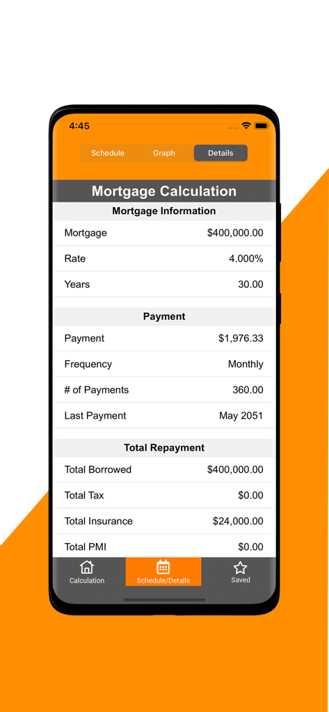 A mobile screen showing mortgage calculation details including monthly payment amount and total repayment breakdown