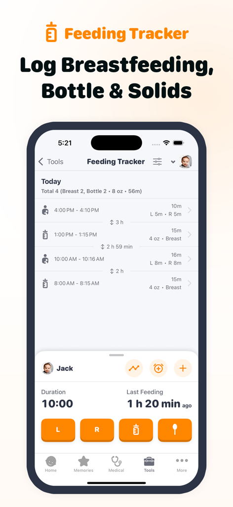 Interface of the Sprout Baby Tracker app showing a daily log for breastfeeding and bottle feedings with a summary of the sessions.