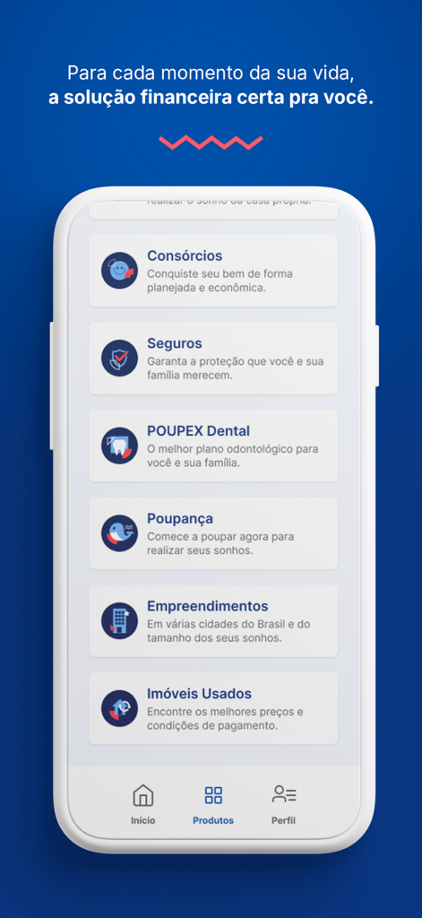 POUPEX - The products menu of the POUPEX app listing financial services like savings and insurance.