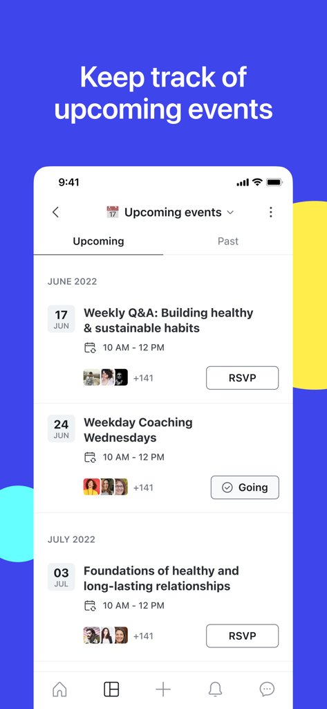 Circle Communities - A mobile screen showing a list of upcoming community events with RSVP buttons in the Circle Communities app
