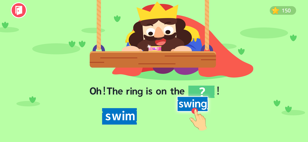 Ein Bildschirm einer Lern-App für Kinder, der eine Königsfigur und eine Lautlektion zeigt, bei der der Benutzer das richtige Wort für 'swing' wählt.