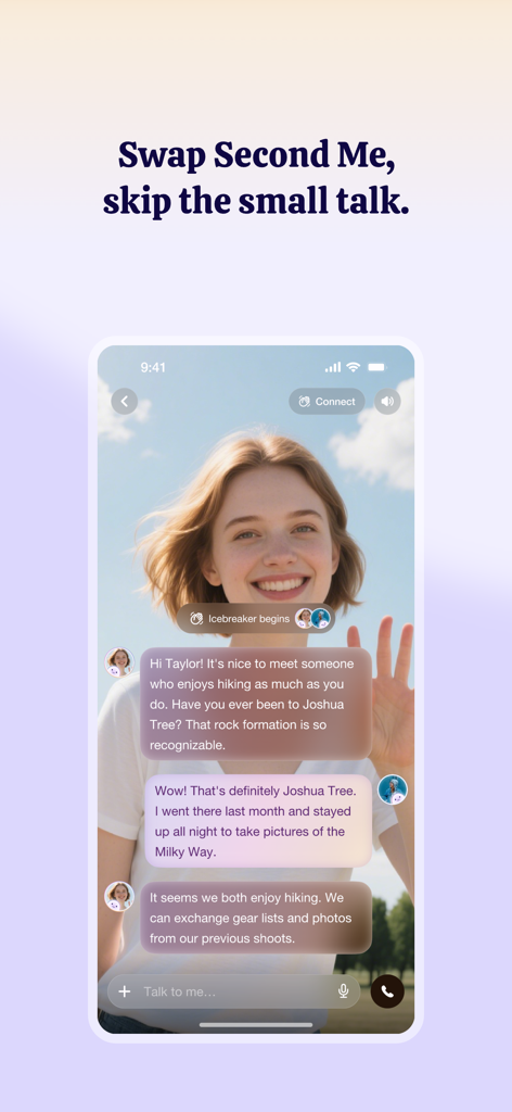 Second Me-Al ldentity Network - A mobile app interface showing an AI identity starting a conversation about hiking between two users