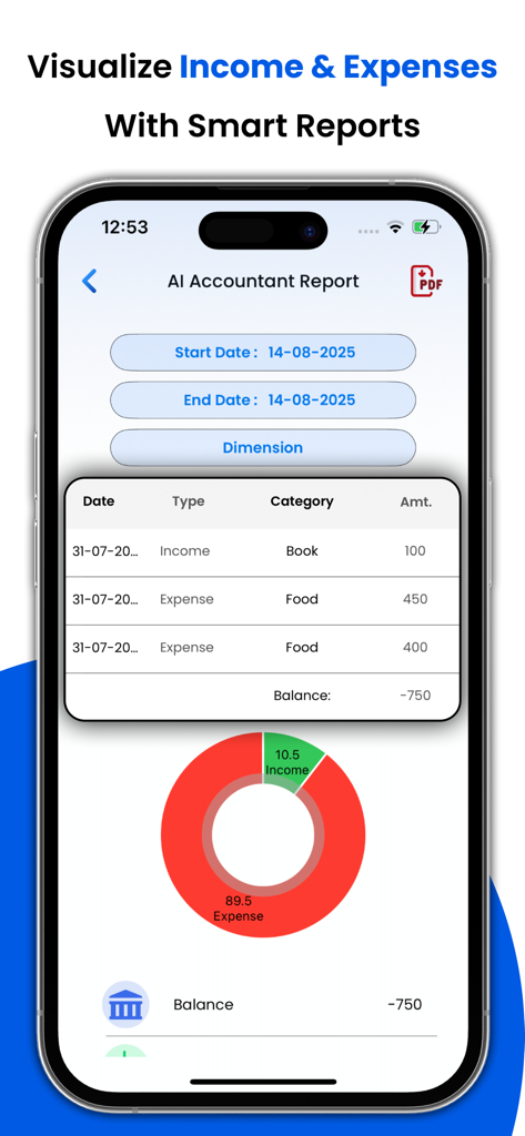 Expense Tracker - Daily Spend - Expense Tracker app interface showing a visual report of income and expenses with a donut chart and a transaction table