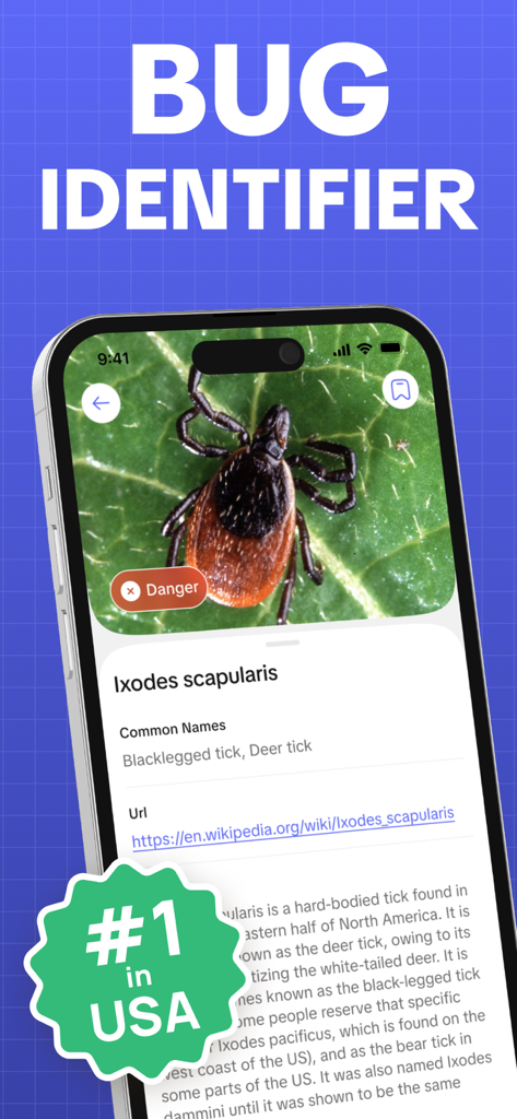 Insect Identifier: Picture Bug - Captura de pantalla de la aplicación Identificador de Insectos que muestra la identificación de una garrapata peligrosa con patas negras con una etiqueta de peligro