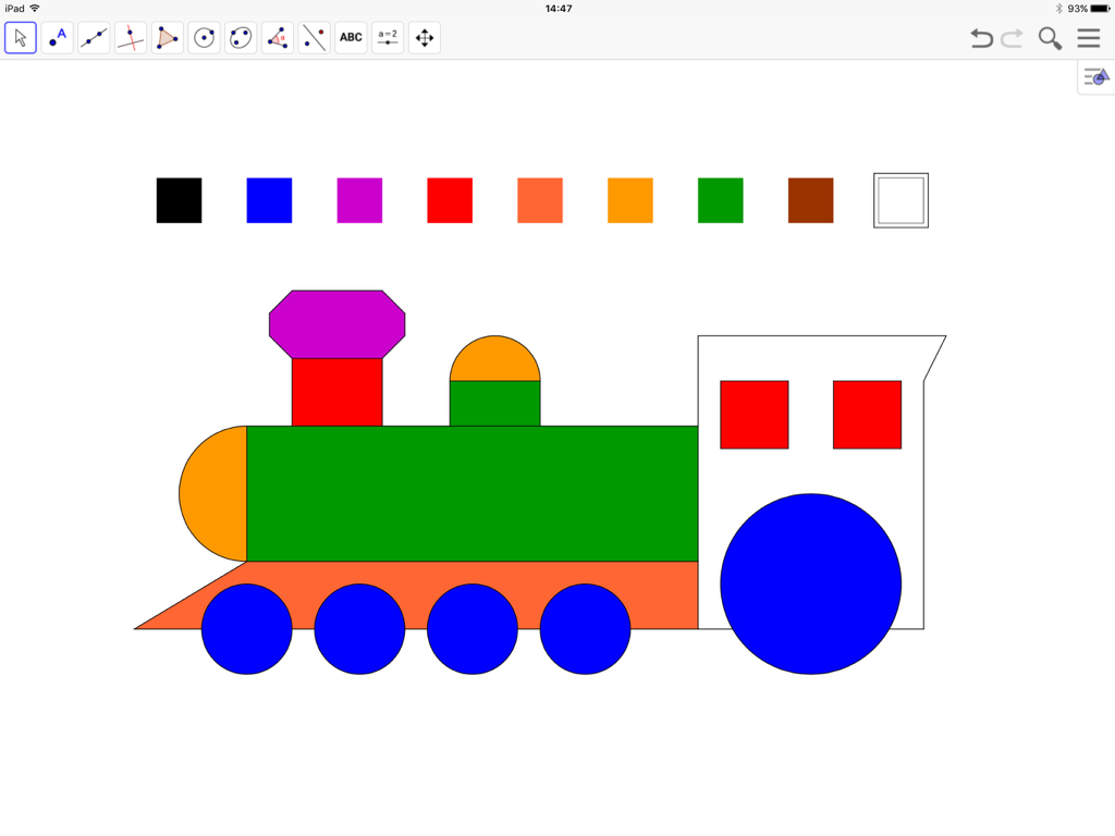 GeoGebra Classic - Um trem colorido construído usando formas geométricas na interface do aplicativo GeoGebra Classic.