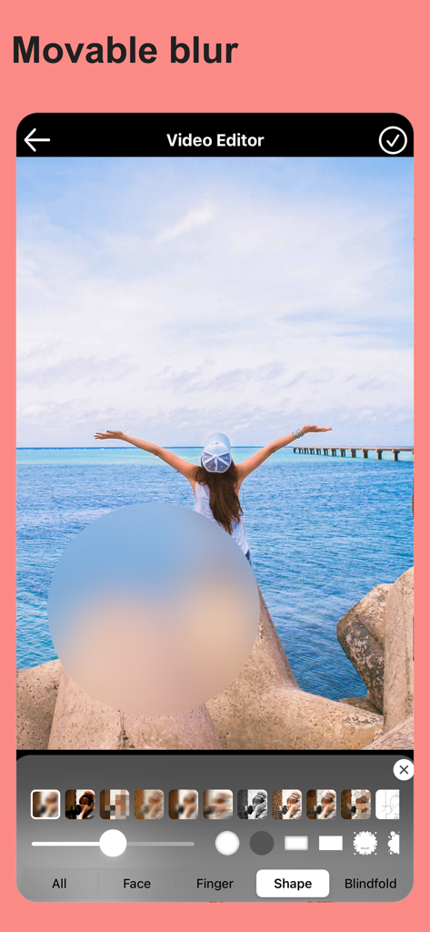 Mobile video editor interface showing a circular movable blur effect applied to a scenic video