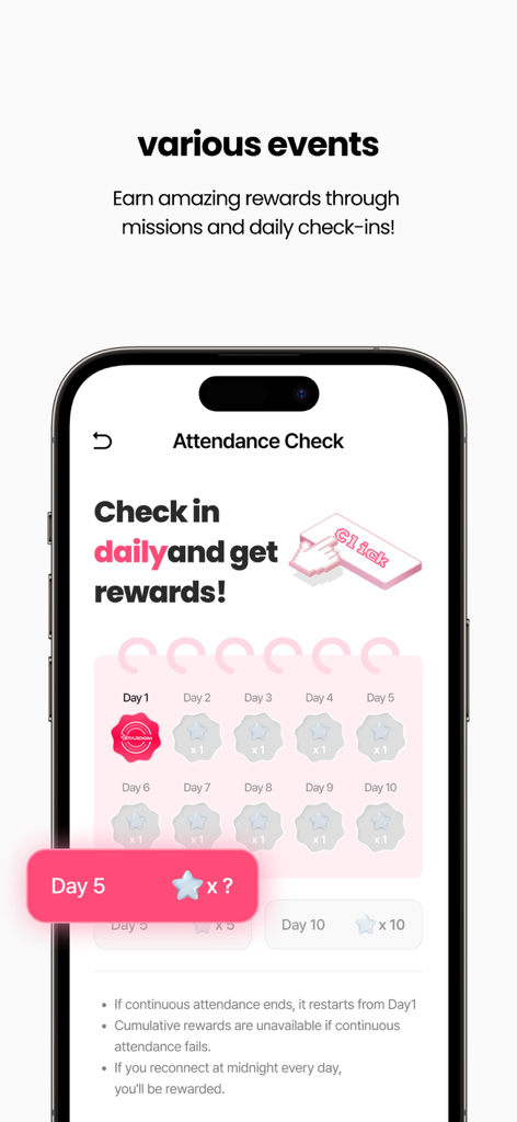 STARDOMアプリの毎日の出勤チェックカレンダーを表示してスター報酬を獲得するモバイル画面