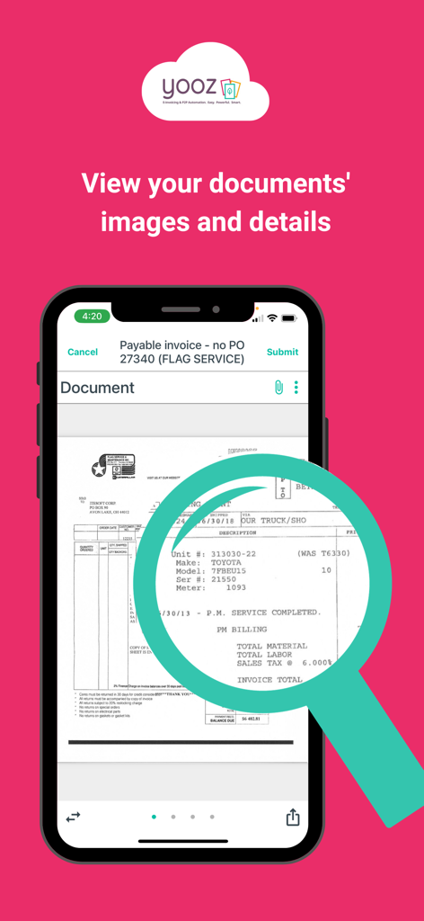 YoozMobile Rising - A smartphone displaying a payable invoice document within the YoozMobile Rising app with a magnifying glass highlighting specific text details.