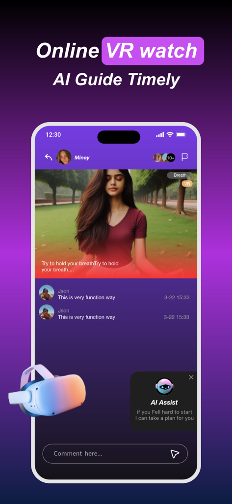 Uka - Adult Sport，Girl Chat - Smartphone screen showing the Uka app VR meditation feature with AI guide and community chat interface