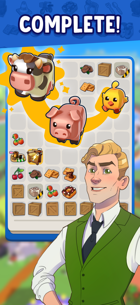 Merge Mayor gameplay screen showing a merge puzzle board with animals and a character