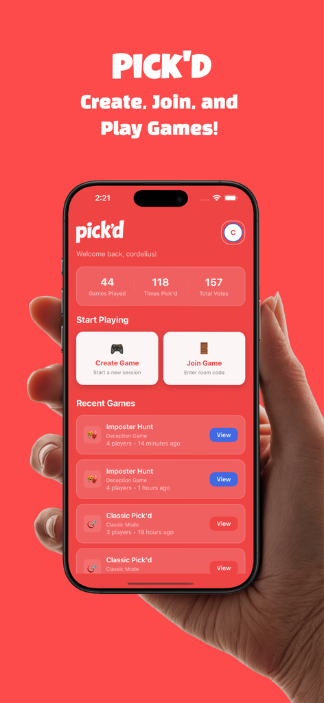 Pick'd - The Social Party Game - A person holding an iPhone displaying the Pick'd app home screen with game statistics and options to create or join a game.