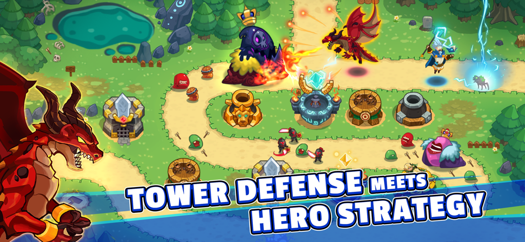 Realm Defense: Hero Legends TD - Gameplay scene of Realm Defense showing fantasy heroes and defensive towers in a strategic battle