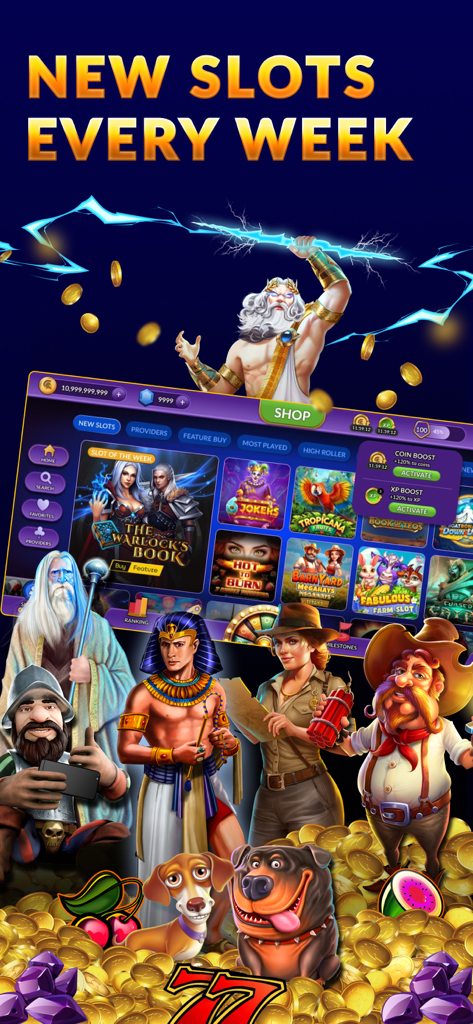 SpinArena Slots: Online Casino - Promotional screen for SpinArena Slots featuring diverse game characters and the text New Slots Every Week