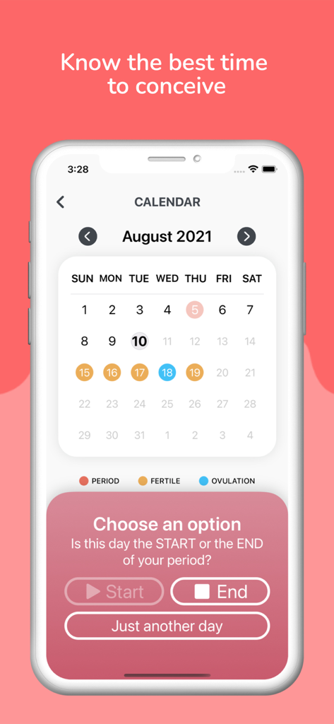 Period Tracker, Cycle Tracking - Period tracker calendar screen showing menstrual cycle fertile days and ovulation predictions